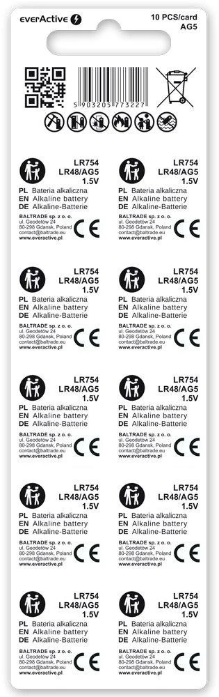 Baterijos AG5 / G5 / LR48 / LR754 everActive 1,5V (blisterinė pakuotė, 10 vnt.)