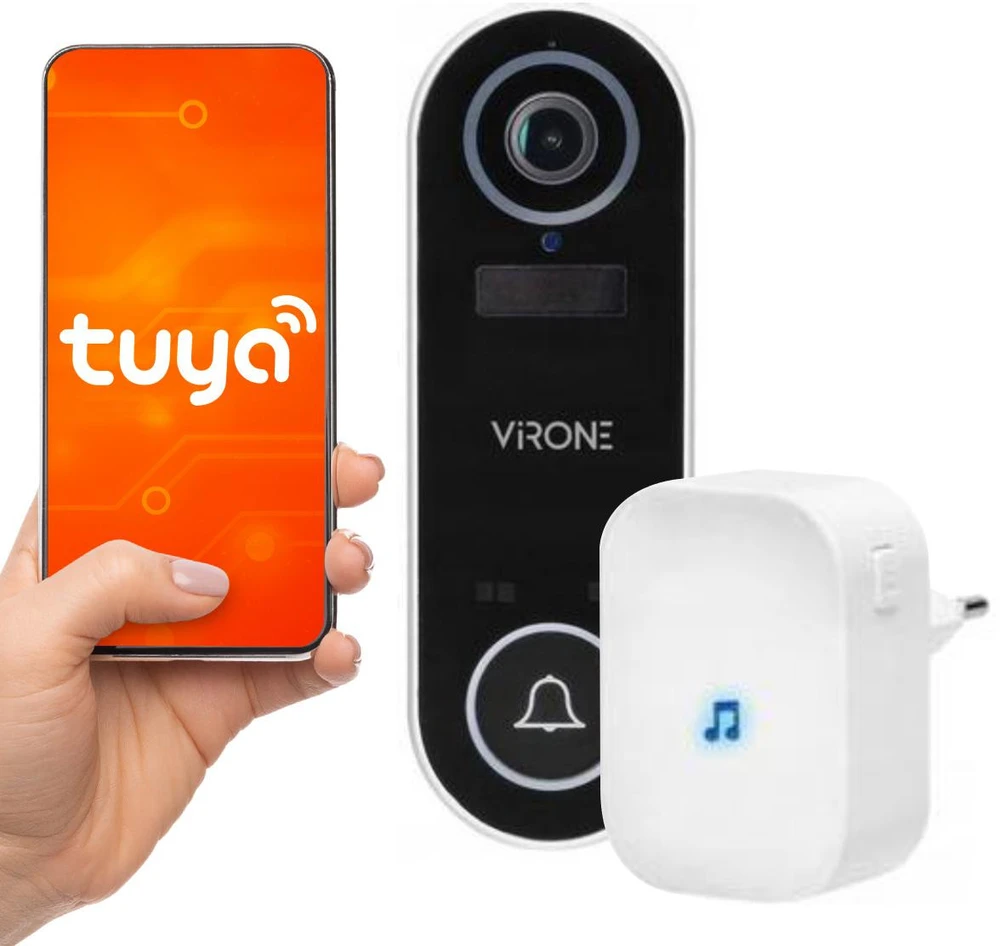 Virone Bezprzewodowy LAYO belaidis vaizdo durų skambutis su „Full HD“ vaizdo kamera, „Wi-Fi“ ir tinklo imtuvu, IP65, bendravimas su išmaniuoju telefonu per „Tuya“ programėlę, 60 skambučių