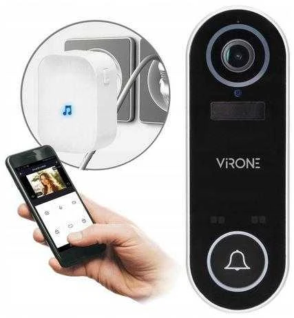 Virone Bezprzewodowy LAYO belaidis vaizdo durų skambutis su „Full HD“ vaizdo kamera, „Wi-Fi“ ir tinklo imtuvu, IP65, bendravimas su išmaniuoju telefonu per „Tuya“ programėlę, 60 skambučių