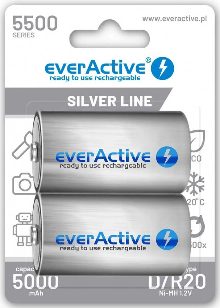 EverActive D R20 5500 mAh įkraunamos baterijos pakuotėje