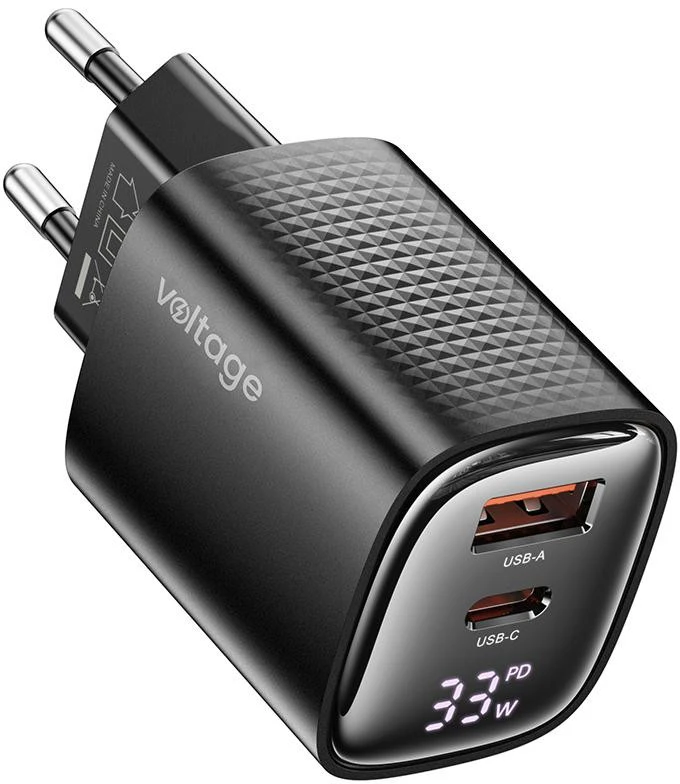 Įkroviklis jungiama į tinklą Voltage GaN Charger Mini 33W PD 3.0 QC 3.0 USB-A USB-C Digital Ekranas juoda aprašymas - Prekės nuotrauka