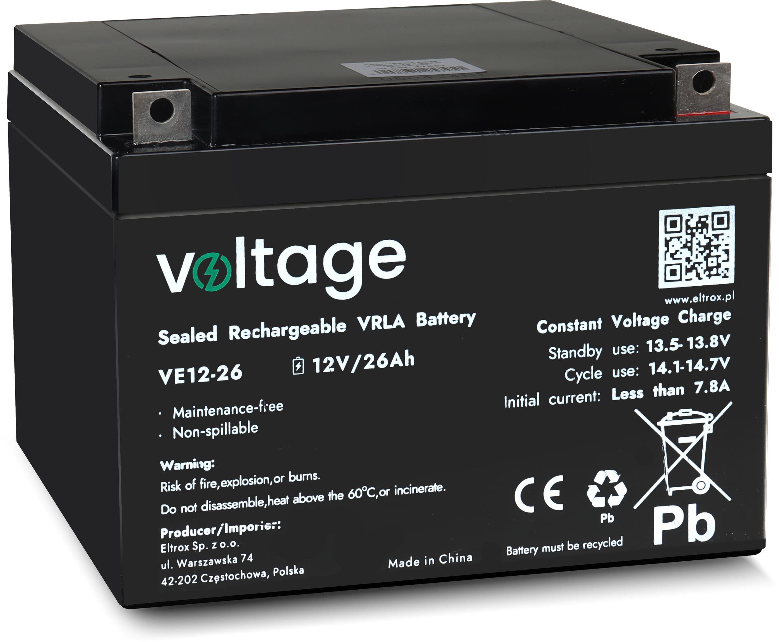 VOLTAGE AGM įtampos 12V 26Ah VE12-26 baterija (eksploatavimo trukmė 6-9 metai) aprašymas - Prekės nuotrauka