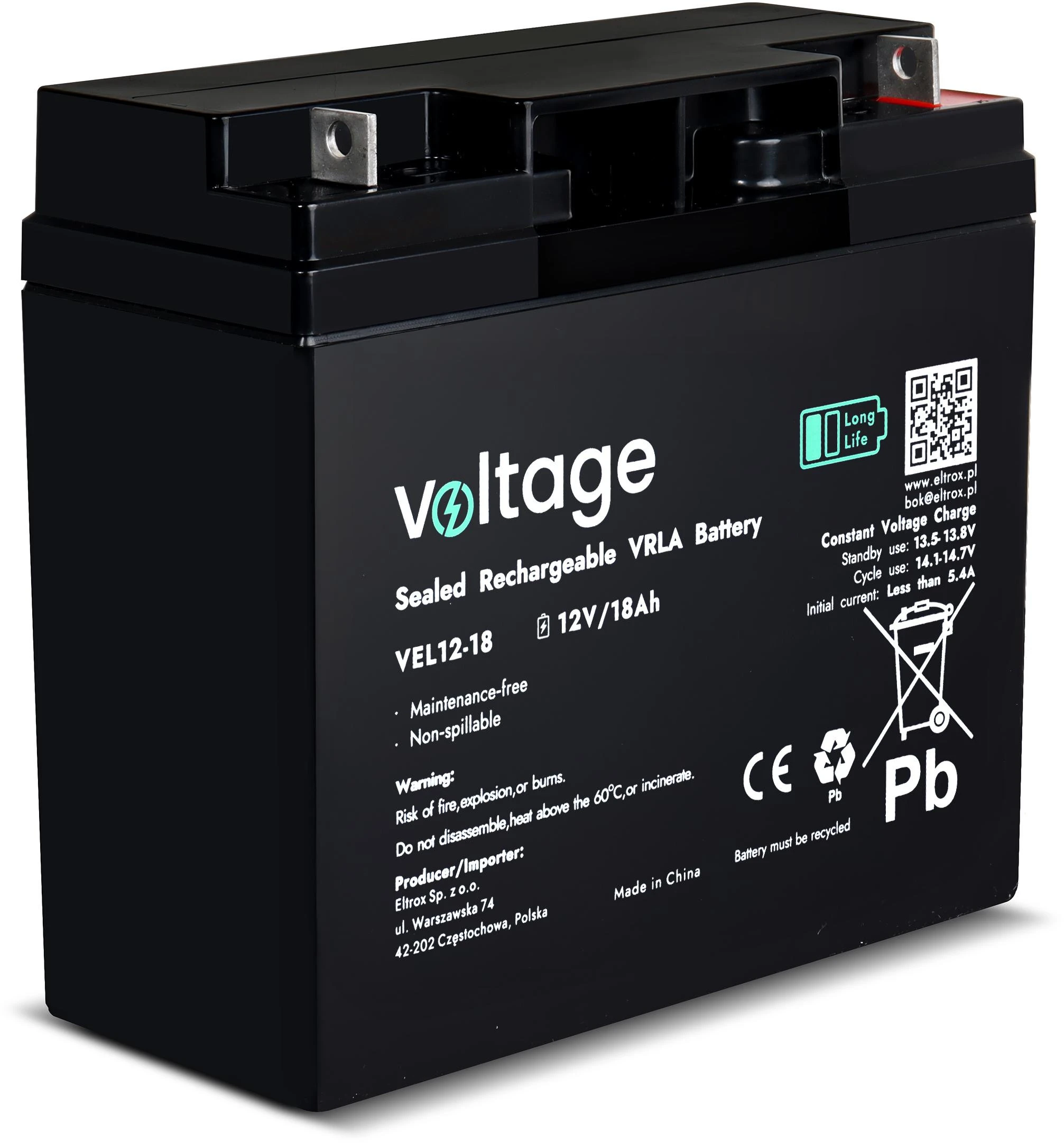 AGM Voltage ilgo tarnavimo laiko akumuliatorius 12 V 18 Ah VEL12-18 (tarnavimo laikas 15 metų) aprašymas - Prekės nuotrauka