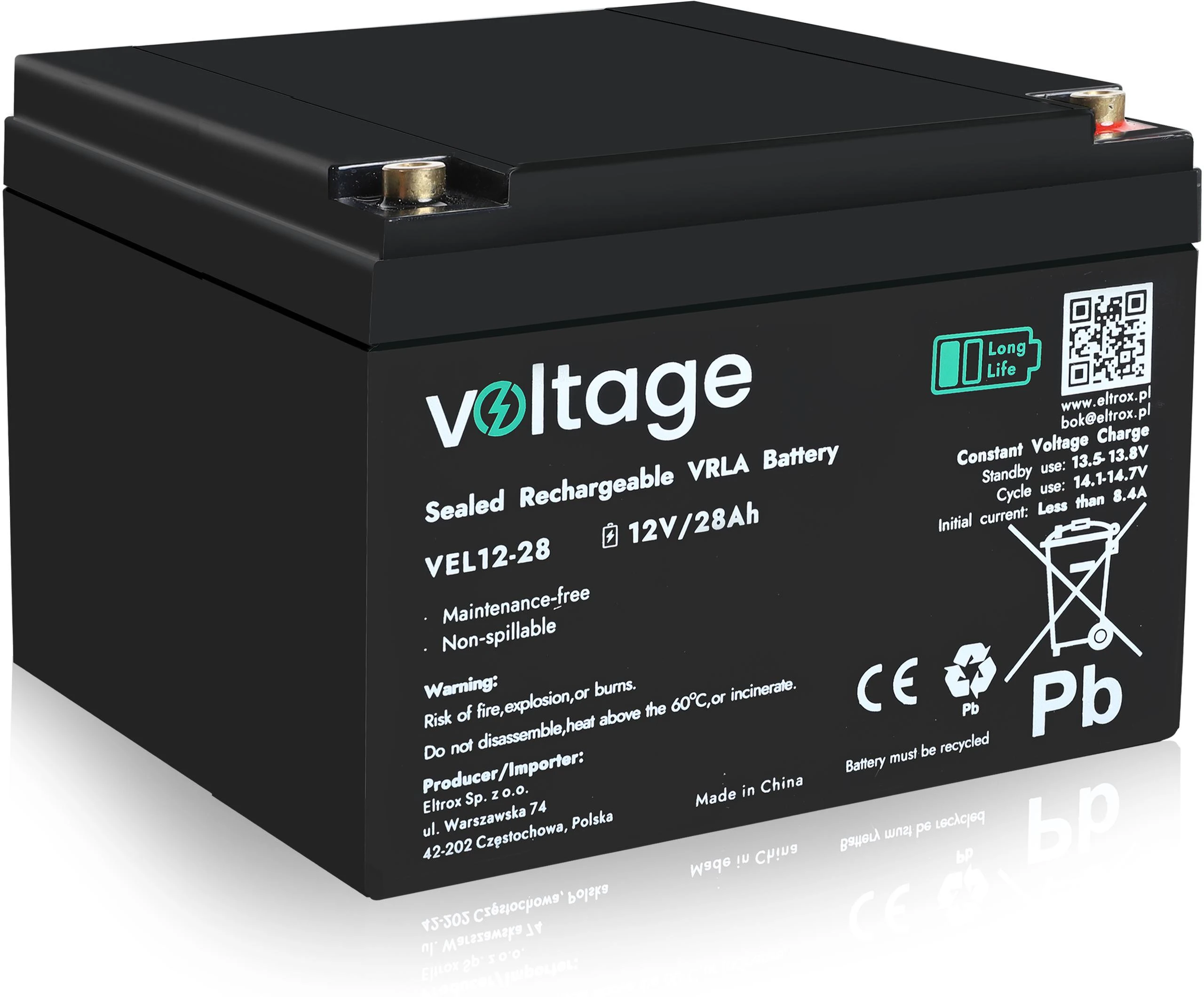 AGM Voltage ilgo tarnavimo laiko akumuliatorius 12 V 28 Ah VEL12-28 (tarnavimo laikas 15 metų) aprašymas - Prekės nuotrauka
