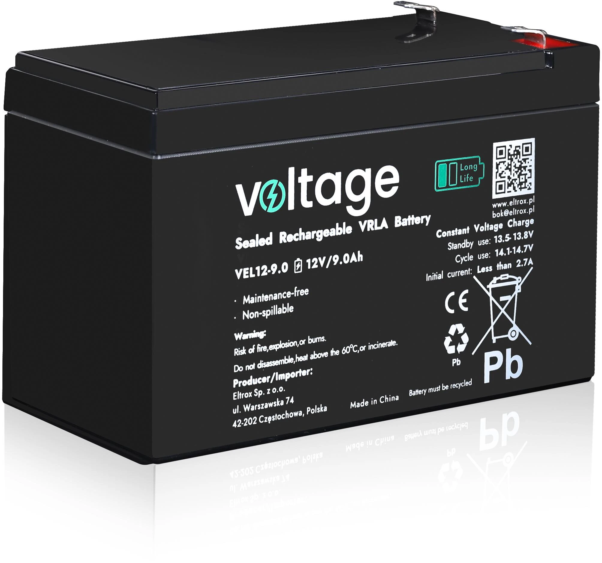 VOLTAGE AGM akumuliatorius 667 vnt., ilgaamžis, 12 V, 9 Ah, VEL12-9.0 (tarnavimo laikas 15 metų) aprašymas - Prekės nuotrauka