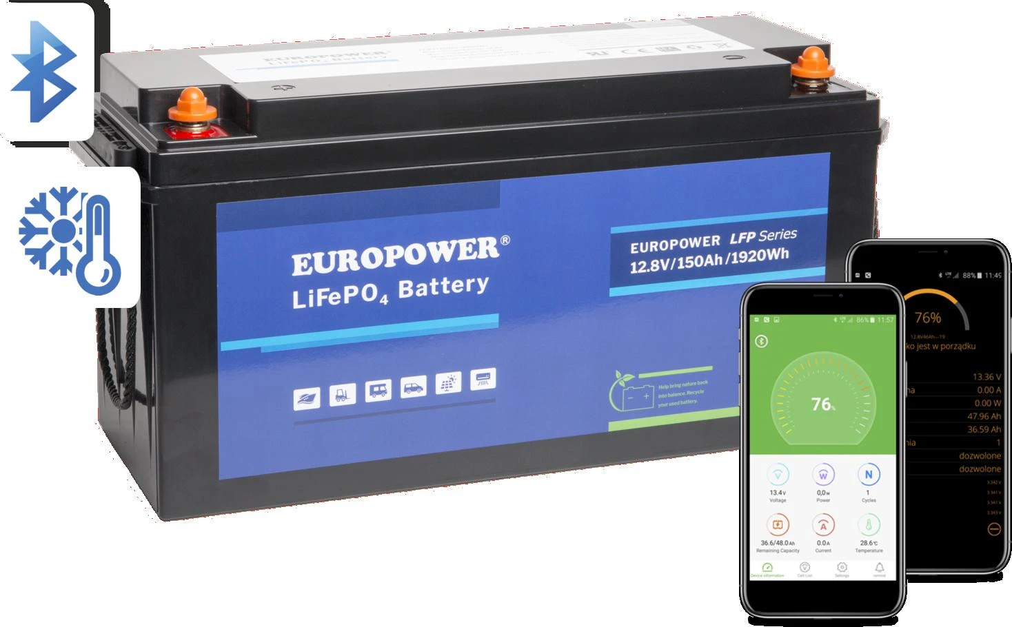 EUROPOWER LFP serijos LiFePO4 baterija 12.8V 150Ah Bluetooth, šildymo kilimėlis (Eksploatavimo trukmė ~2000 ciklų) aprašymas - Prekės nuotrauka