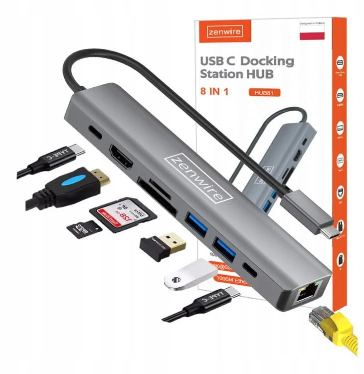 Zenwire USB-C šakotuvo adapterio ADAPTERIS 8in1 HDMI gigabito eternetas „Macbook Pro Air M4“ aprašymas - Prekės nuotrauka