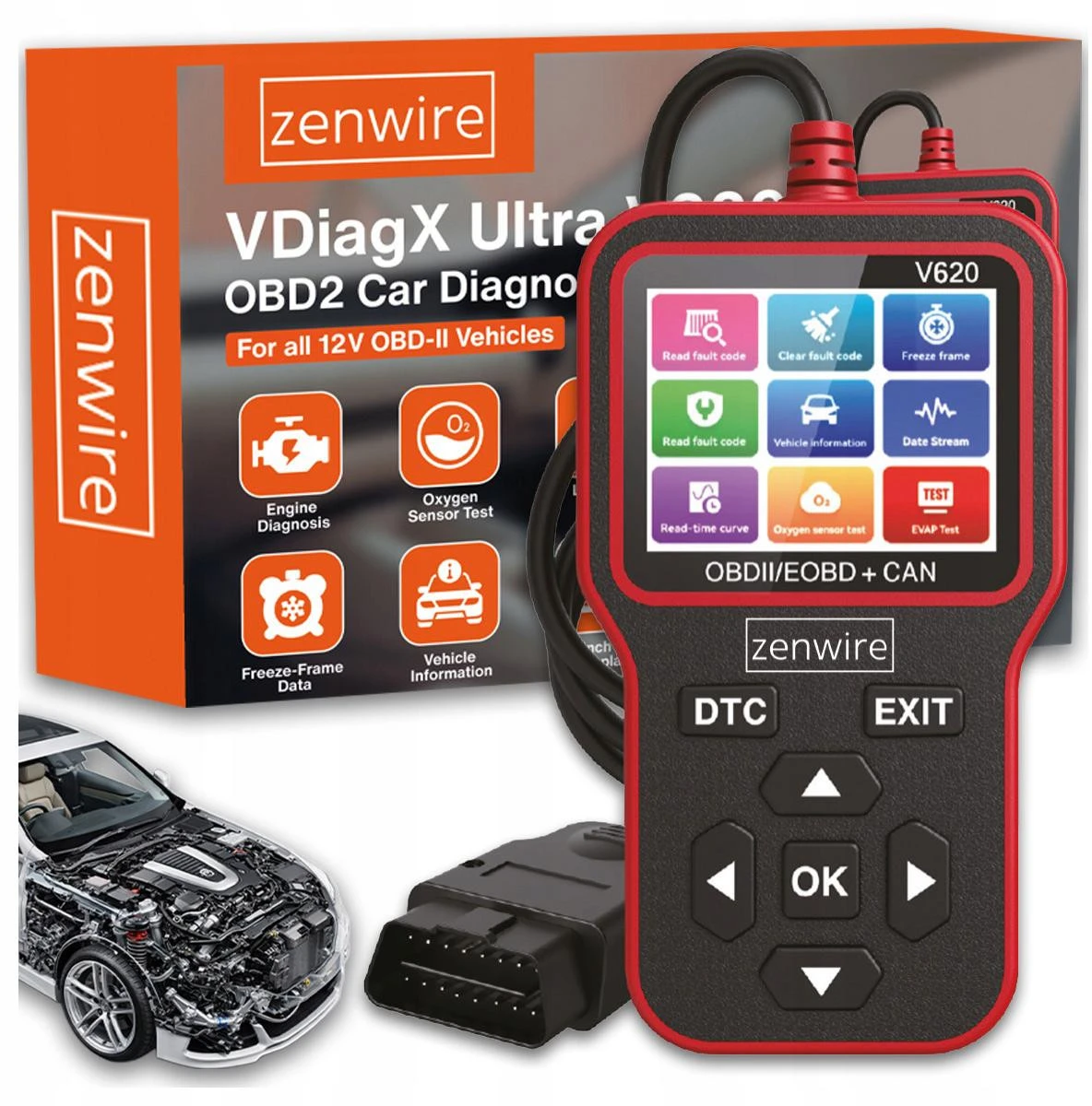 Interfejs Tester Skaner Diagnostyczny OBD2 ELM327 CAN Zenwire V620 aprašymas - Prekės nuotrauka