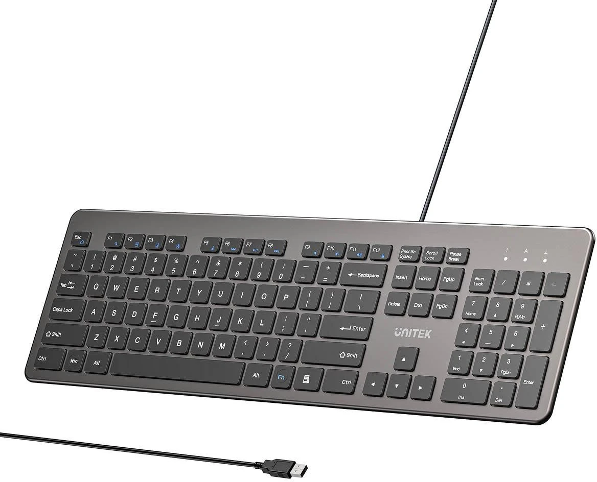 Klaviatūra su laidu Unitek SlimTap USB-A, pilka aprašymas - Prekės nuotrauka