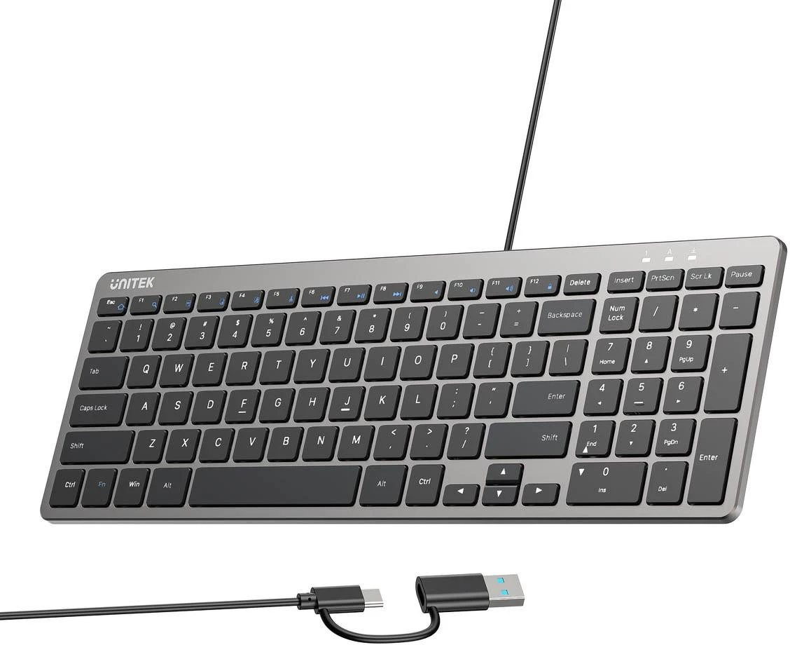 Klaviatūra su laidu Unitek SlimTap USB-C/USB-A aprašymas - Prekės nuotrauka