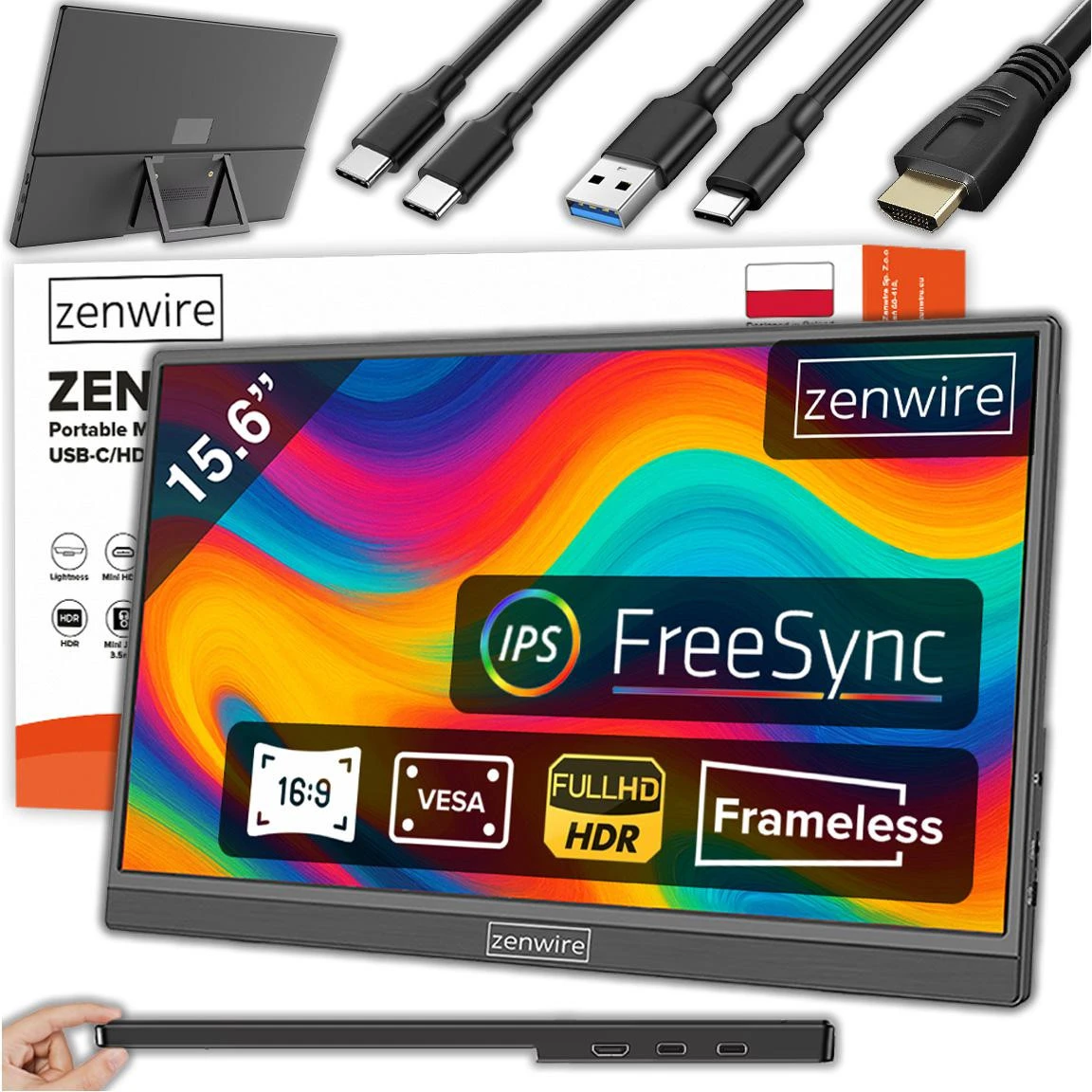 Zenwire Nešiojamas USB-C monitorius su „Full HD 1920x1080 IPS HDR HDMI“ 15,6 colių nešiojamajam kompiuteriui aprašymas - Prekės nuotrauka