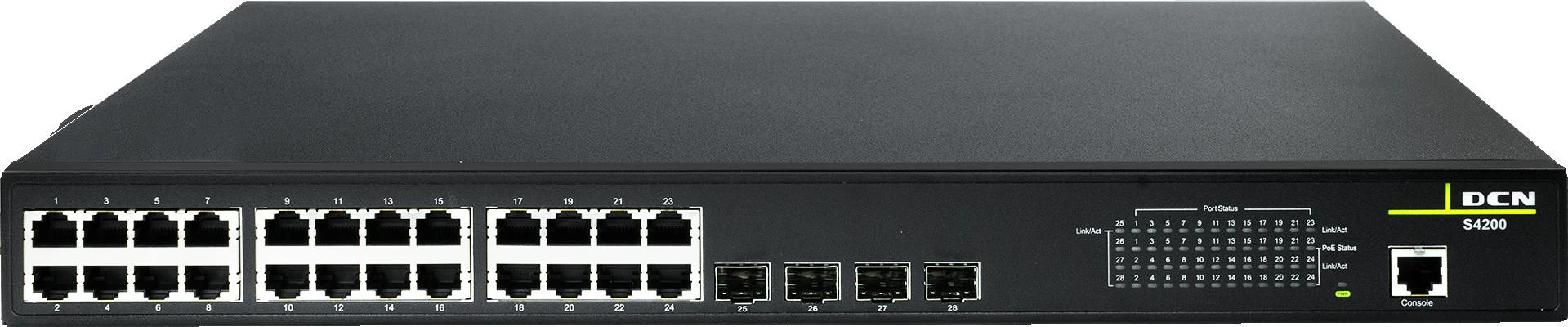 Šakotuvas SWITCH DCN S4200-28P-PL-SI-R2 L2 24xPoE+/4xSFP (200W) aprašymas - Prekės nuotrauka