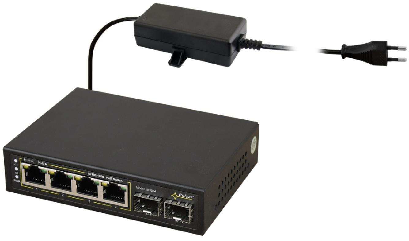 Šakotuvas Jungiklis POE 4+2SFP PULSAR SFG64 aprašymas - Prekės nuotrauka Šakotuvas Jungiklis POE 4+2SFP PULSAR SFG64 aprašymas - Prekės nuotrauka