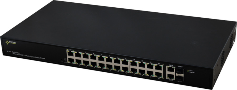 Šakotuvas SWITCH POE PULSAR SF124 24+2 UPLINK/SFP POE+ GIGABIT aprašymas - Prekės nuotrauka Šakotuvas SWITCH POE PULSAR SF124 24+2 UPLINK/SFP POE+ GIGABIT aprašymas - Prekės nuotrauka