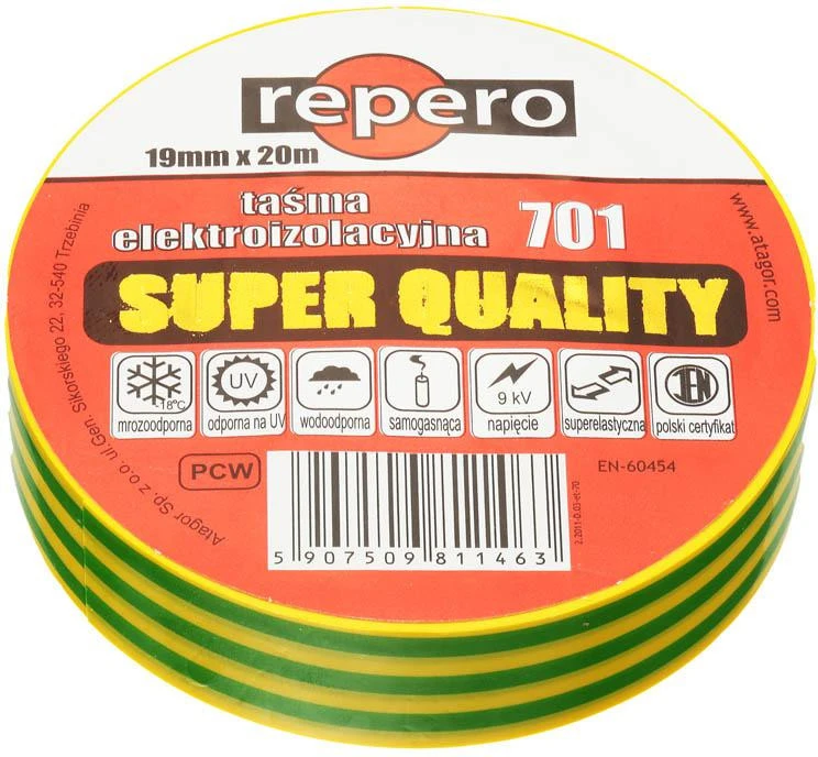 Blue Line REPERO 701 izoliacinė juosta geltonai žalia 19 mm x 20 m aprašymas - Prekės nuotrauka