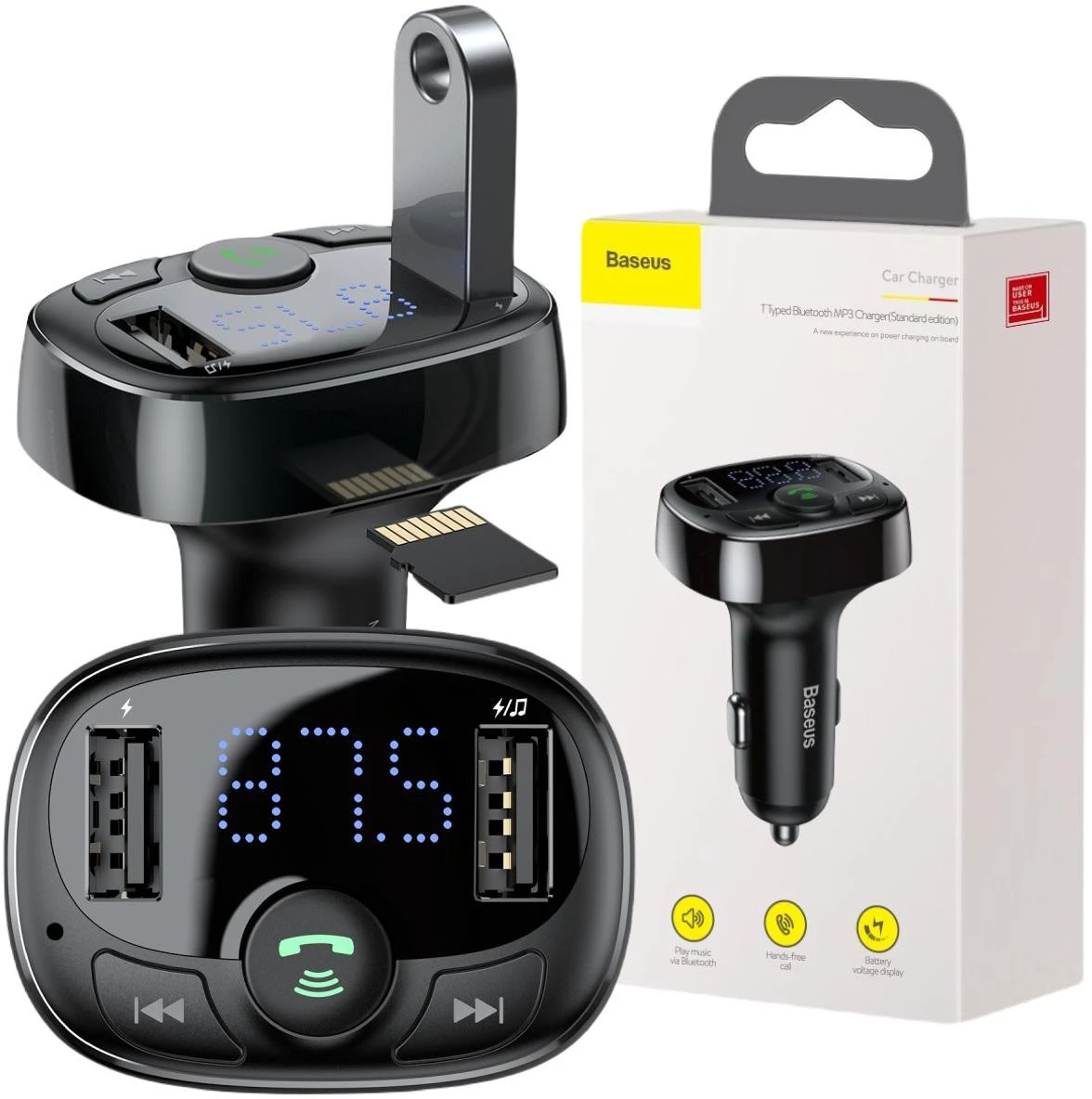 FM siųstuvo automobilinis įkroviklis Baseus Enjoy S-09A 3.4A 2x USB-A Micro SD BT 4.2 aprašymas - Prekės nuotrauka