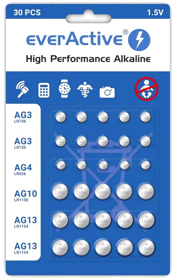30 baterijų rinkinys 1,5 V 10x AG3 / LR41 5x AG4 / LR626 5x AG10 / LR1130 10x AG13 / LR1154 everActive aprašymas - Prekės nuotrauka
