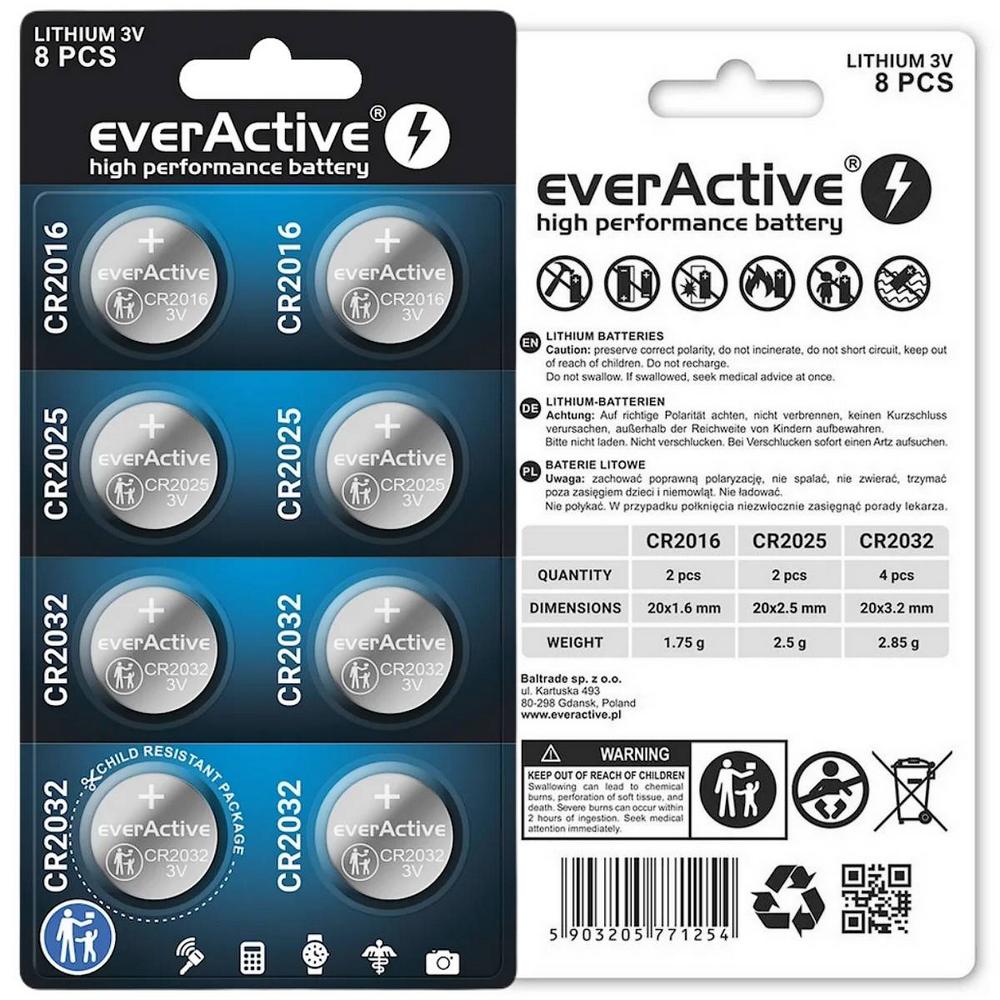 Rinkinys 8 baterijos 3,0 V 4x CR2032 2x CR2025 2x CR2016 everActive aprašymas - Prekės nuotrauka