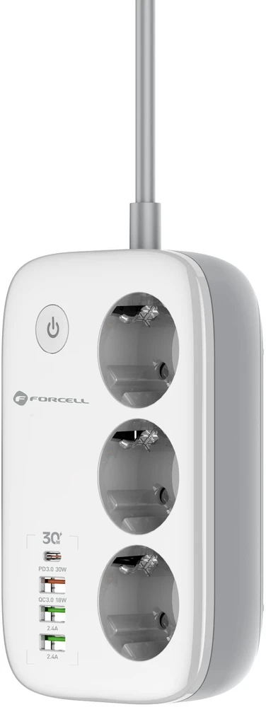Power strip Forcell F-Energy 3 lizdai + USB C 30W + 3 x USB A QC3.0 PD + WiFi Tuya, SmartLife, Alexa 10A 2500W VT-PS03 baltas