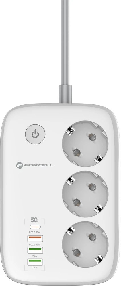 Power strip Forcell F-Energy 3 lizdai + USB C 30W + 3 x USB A QC3.0 PD + WiFi Tuya, SmartLife, Alexa 10A 2500W VT-PS03 baltas