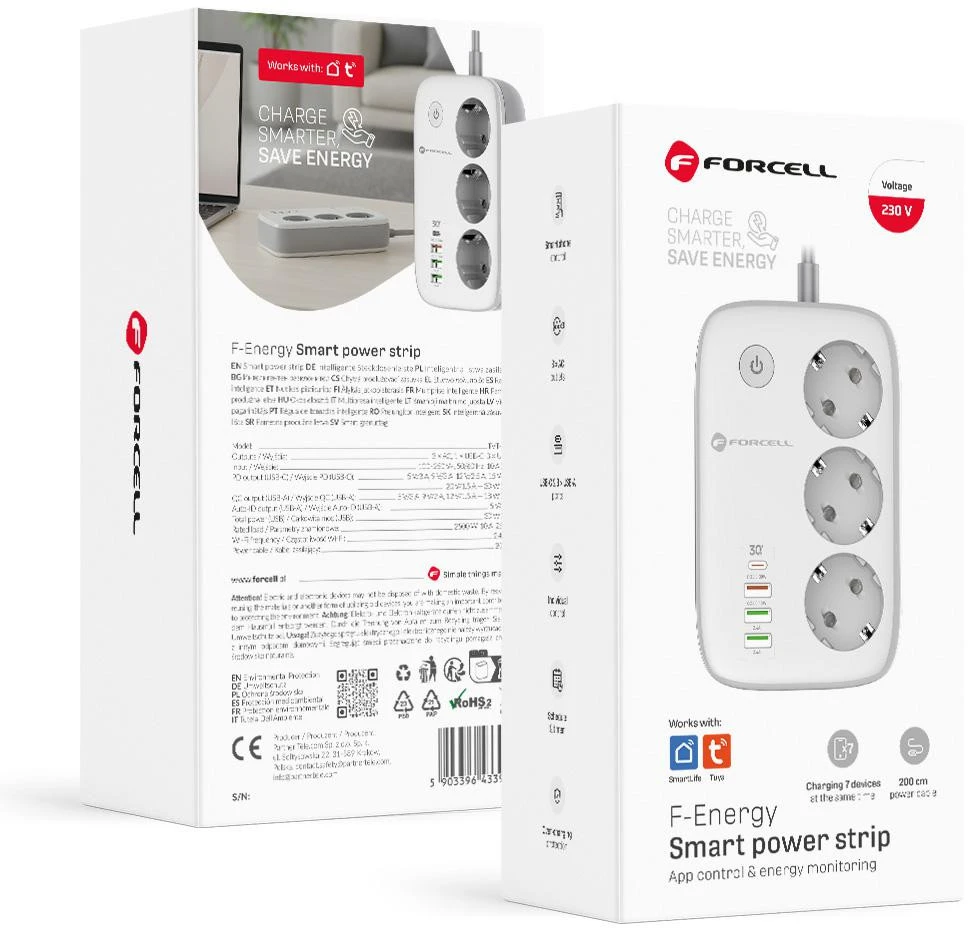 Power strip Forcell F-Energy 3 lizdai + USB C 30W + 3 x USB A QC3.0 PD + WiFi Tuya, SmartLife, Alexa 10A 2500W VT-PS03 baltas