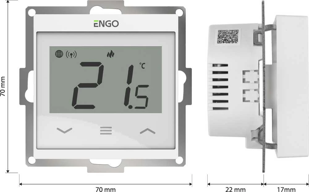 ENGO Controls E55-W temperatūros reguliatorius 55x55 rėmeliui, 230V, baltas, internetinis, Wi-Fi