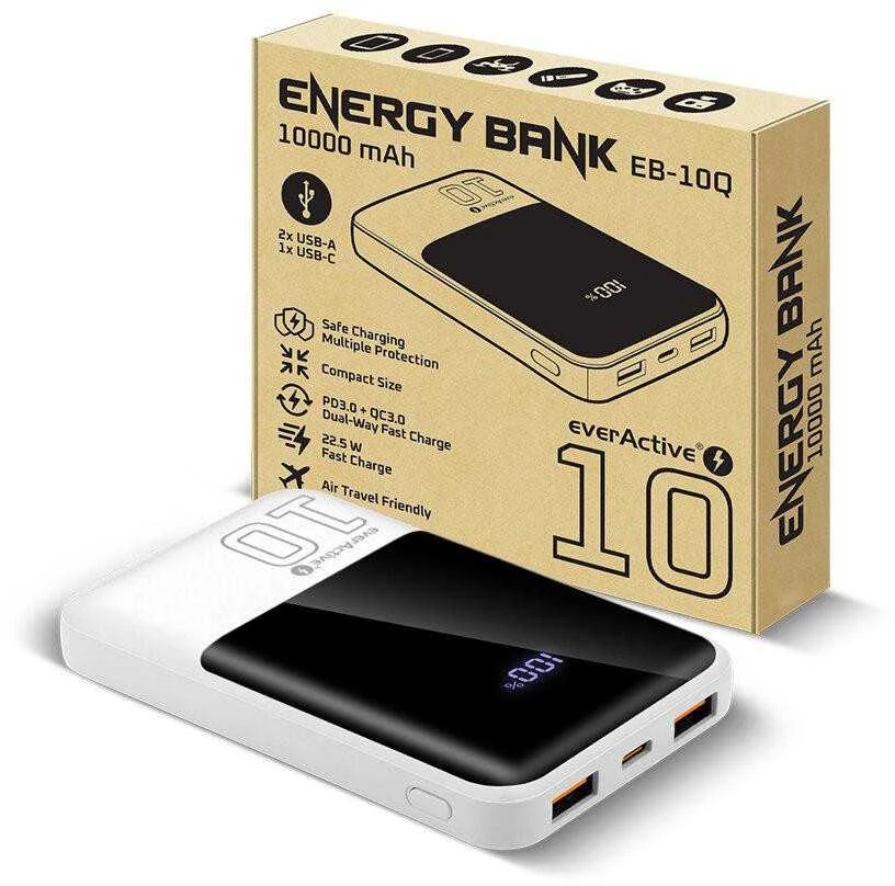 „everactive“ nešiojama įkroviklis 10 000 mAh, 2x USB, 1x USB-C 22,5 W, QC4+, LCD ekranas, baltas