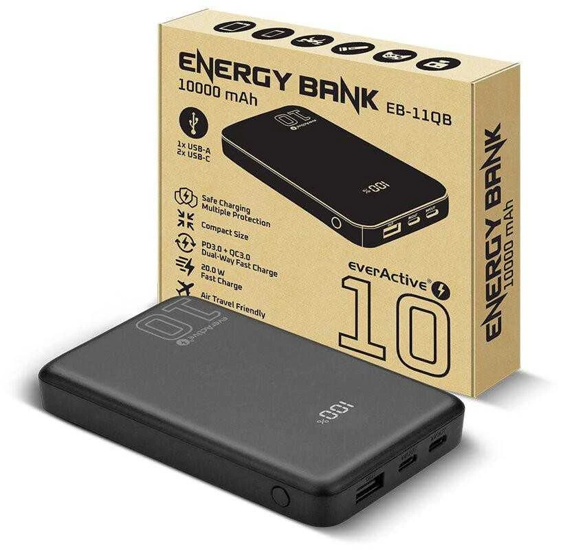 „everactive“ nešiojama įkroviklis 10 000 mAh, 1x USB, 2x USB-C, 20 W, QC4+, LCD ekranas, juodas