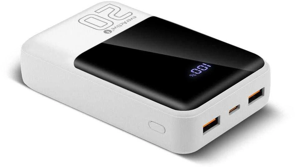 „everactive“ išorinė baterija 20 000 mAh, 2x USB, 1x USB-C 22,5 W, QC4+, LCD ekranas, baltas