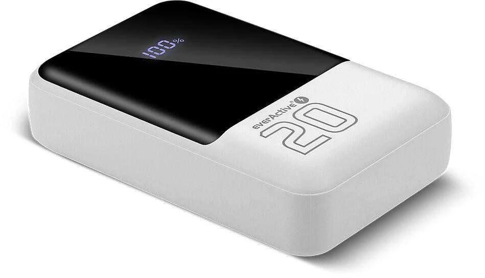 „everactive“ išorinė baterija 20 000 mAh, 2x USB, 1x USB-C 22,5 W, QC4+, LCD ekranas, baltas