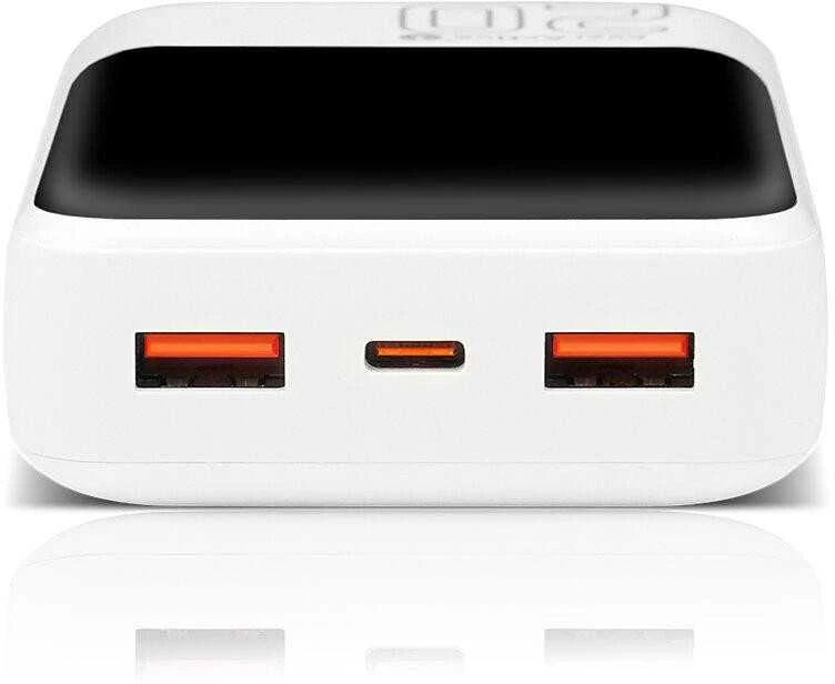 „everactive“ išorinė baterija 20 000 mAh, 2x USB, 1x USB-C 22,5 W, QC4+, LCD ekranas, baltas