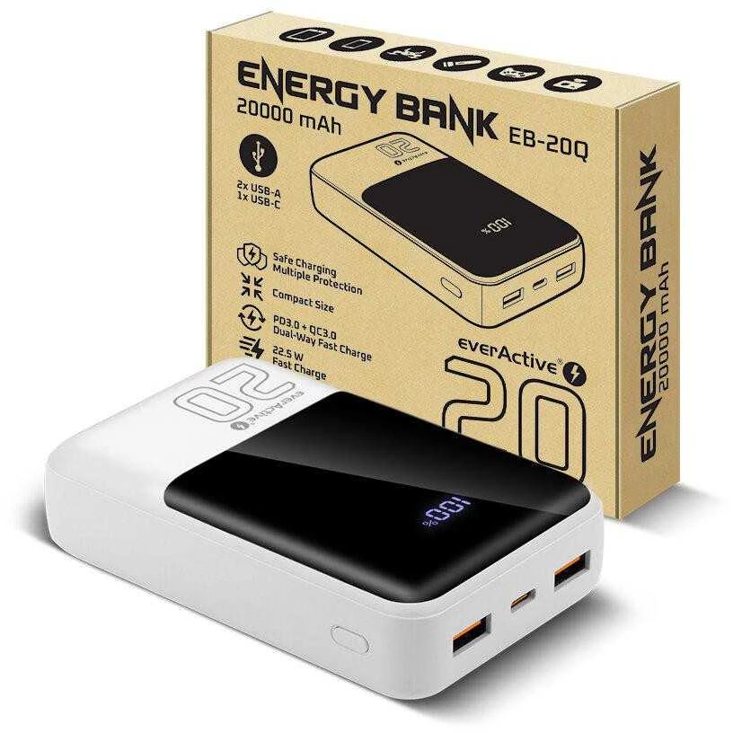 „everactive“ išorinė baterija 20 000 mAh, 2x USB, 1x USB-C 22,5 W, QC4+, LCD ekranas, baltas