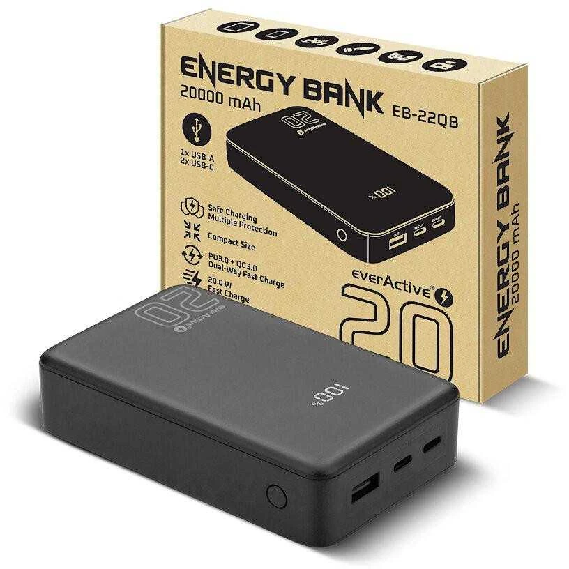 „everactive“ išorinė baterija 20 000 mAh, 1x USB, 2x USB-C, 20 W, QC4+, LCD ekranas, juodas