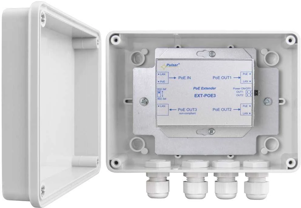EXTENDER POE PULSAR EXT-POE3H hermetiškame korpuse, skirtas 3 IP kameroms