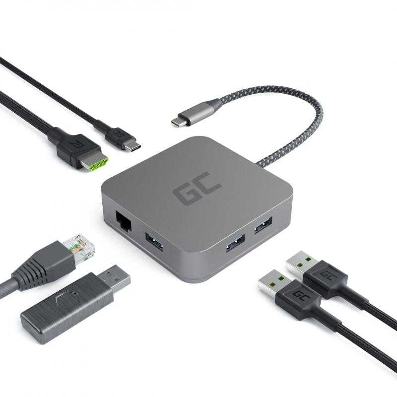 Green Cell Žalias Cell GREENCELL AK61 Žalias Cell HUB2 USB-C, 3x USB 3.0 RJ45 1Gbps HDMI 4K, DEX Nintendo Switch Apple