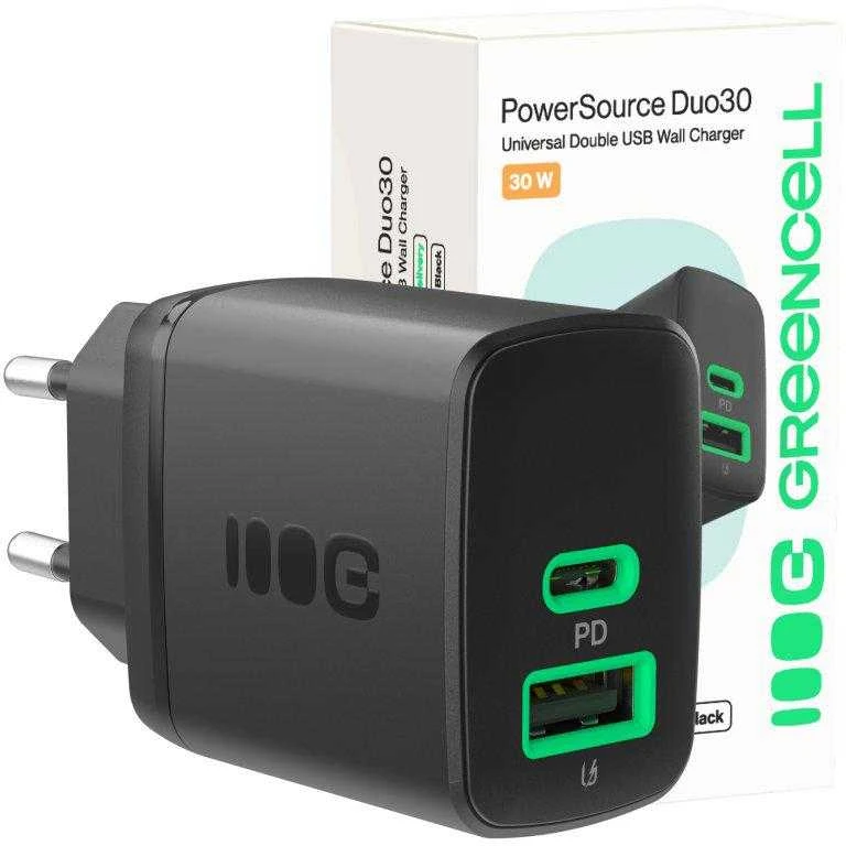 Green Cell Žalias Cell Greencell PowerSource Duo30 įkroviklis USB/USB-C juodas maitinimo adapteris 30W maitinimo tiekimas