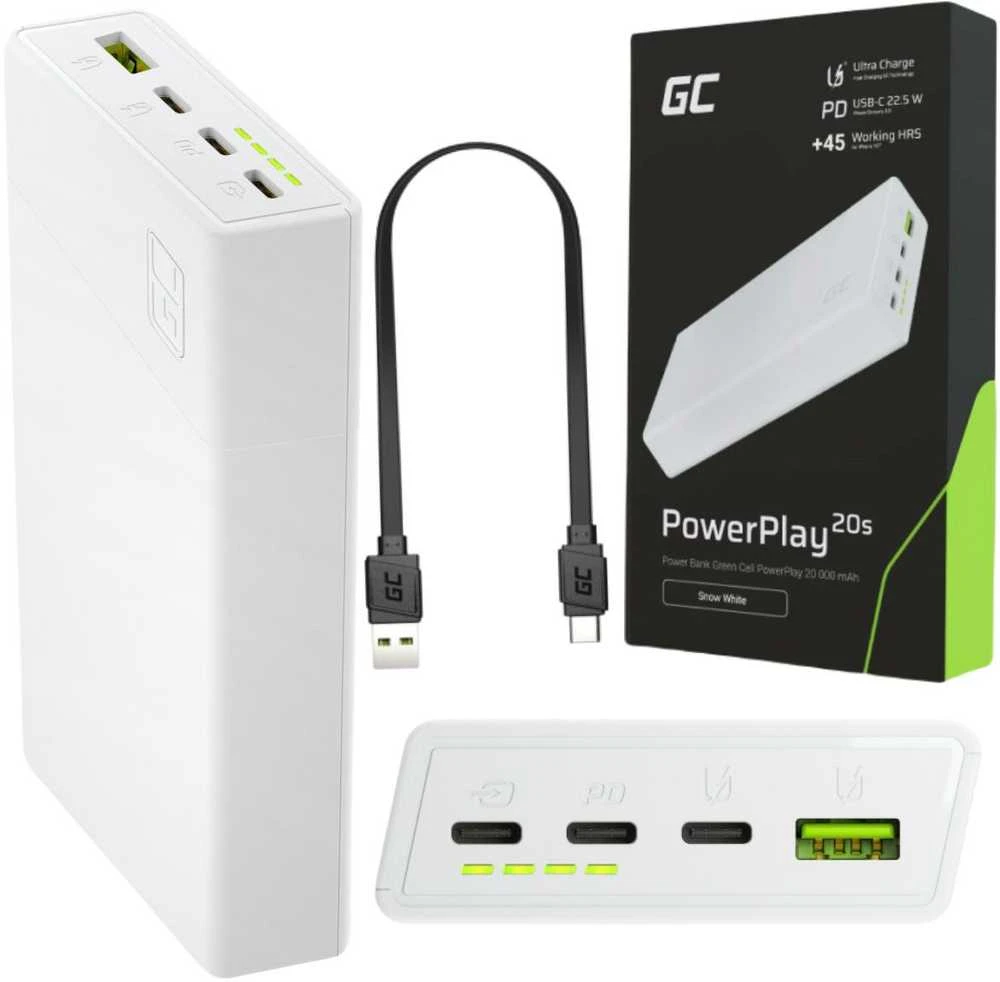 Green Cell Žalias Cell Žalias Cell Power Bank PowerPlay 20000mAh 22.5W - baltas