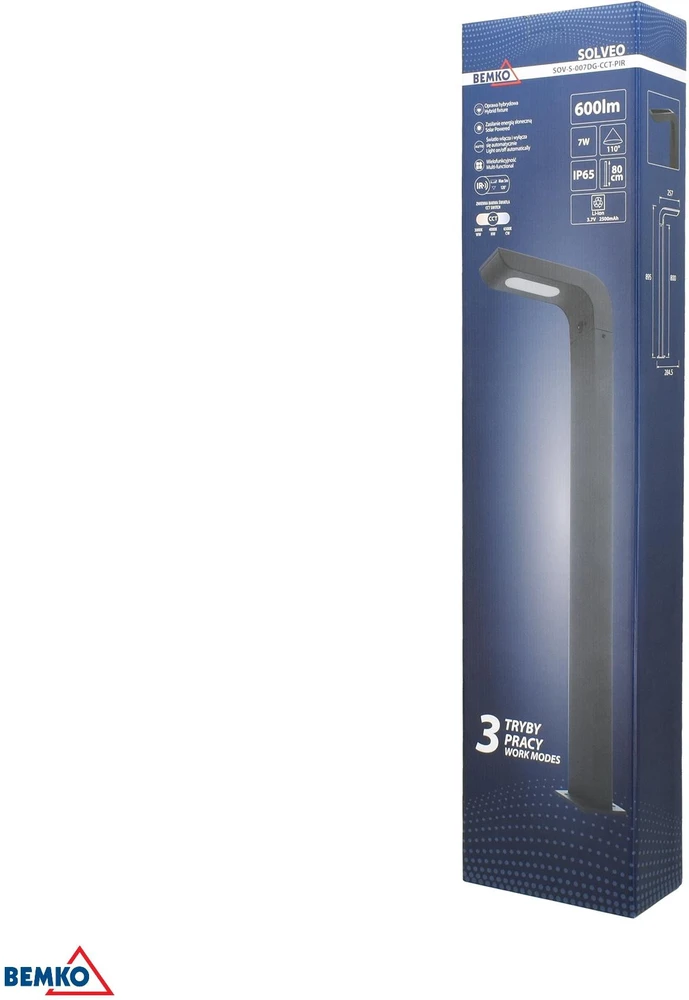 Hibridinis LED sodo šviestuvas BEMKO SOLVEO 7W 600LM 3000K/4000K/6500K 80CM IP65 tamsus Pilkas CZ.PIR