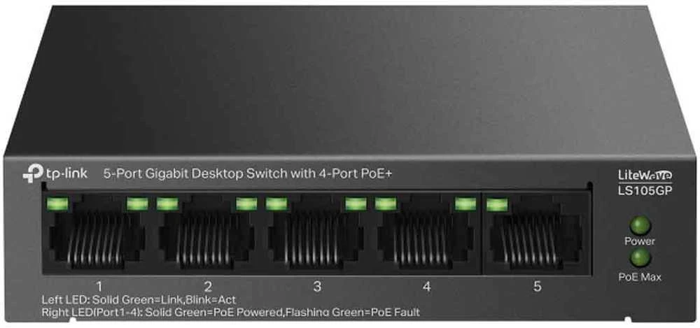 Šakotuvas TP-LINK | 5 prievadų Gigabit stalinio kompiuterio jungiklis su 4 prievadų PoE+ | LS105GP | Nevaldomas | Darbalaukis