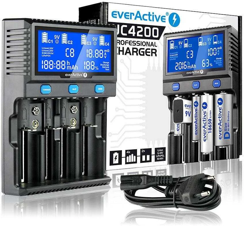 everActive profesionalus 4 x Ličio ir AA/AAA/C/D/9V Ni-MH akumuliatorių kroviklis UC4200