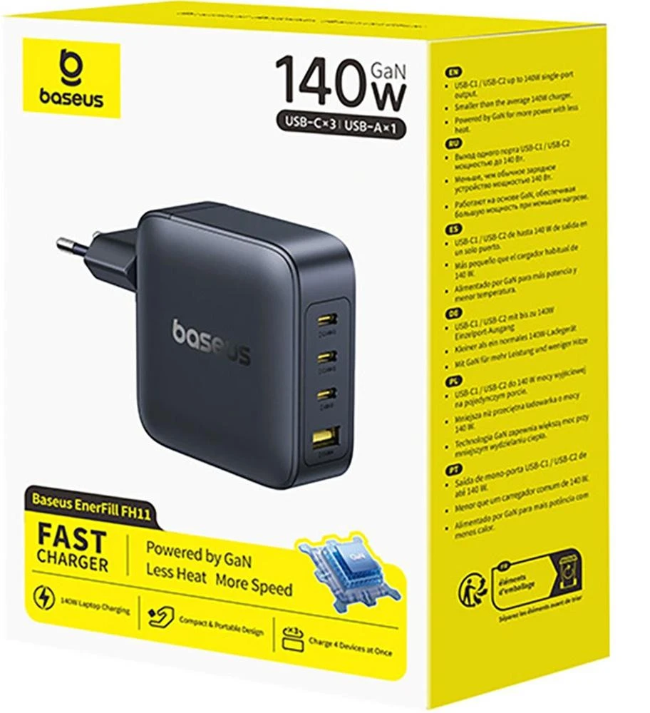 Baseus Sieninis įkroviklis EnerFill FH11 140W USB-A + 3xUSB-C QC PD3.1, juodas