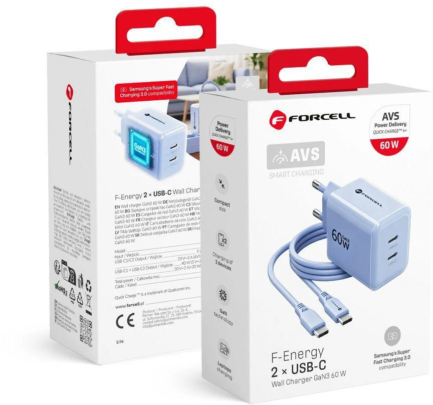 Telefono įkroviklis Forcell F-Energy GaN III Crystal Color 2x USB C AVS SSFC3.0 60W + silikoninis kabelis USB C į USB C VT-60 šviesiai mėlynas