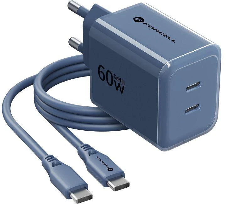 Telefono įkroviklis Forcell F-Energy GaN III Crystal Color 2x USB C AVS SSFC3.0 60W + silikoninis laidas USB C į USB C VT-60 tamsi mėlynas