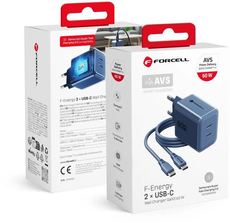 Telefono įkroviklis Forcell F-Energy GaN III Crystal Color 2x USB C AVS SSFC3.0 60W + silikoninis laidas USB C į USB C VT-60 tamsi mėlynas