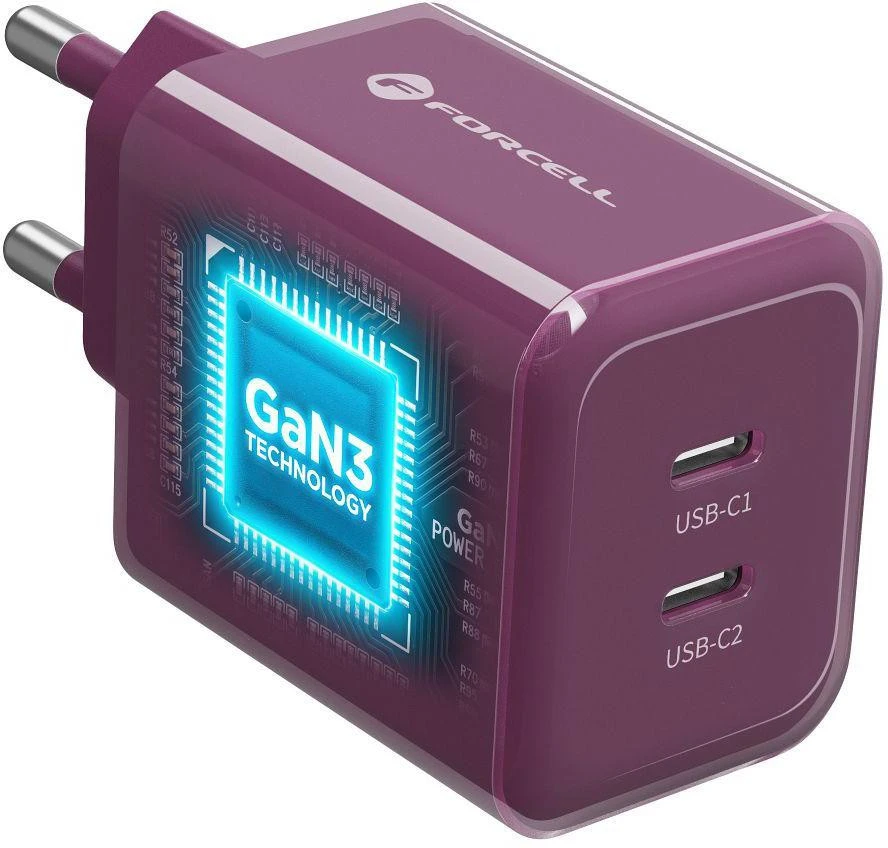 Telefono įkroviklis Forcell F-Energy GaN III Crystal Color 2x USB C AVS SSFC3.0 60W + silikoninis laidas USB C į USB C VT-60 bordo
