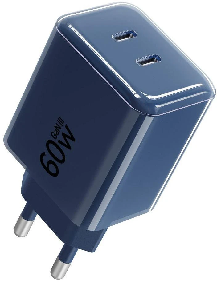 Telefono įkroviklis Forcell F-Energy GaN III Crystal Color 2x USB C AVS SSFC3.0 60W + silikoninis laidas USB C į USB C VT-60 tamsi mėlynas