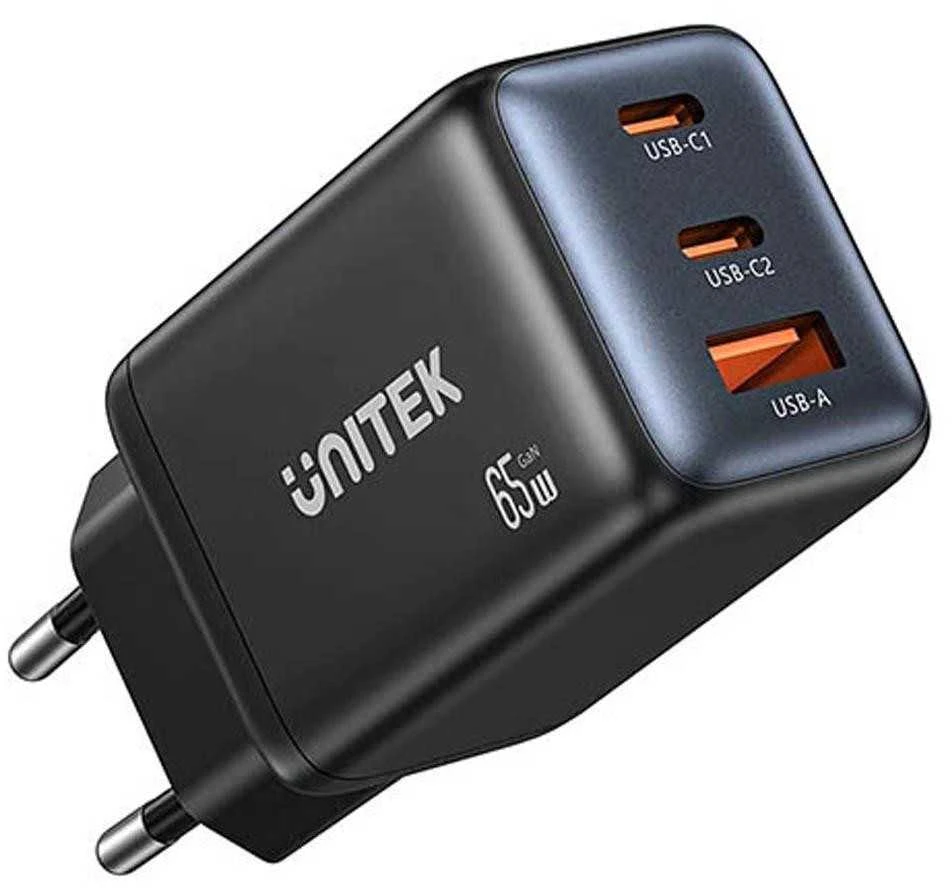 Unitek Įkroviklis jungiama į tinklą 3-portowa GaN 65W, 2xUSB-C, USB-A, PD 3.0, juoda
