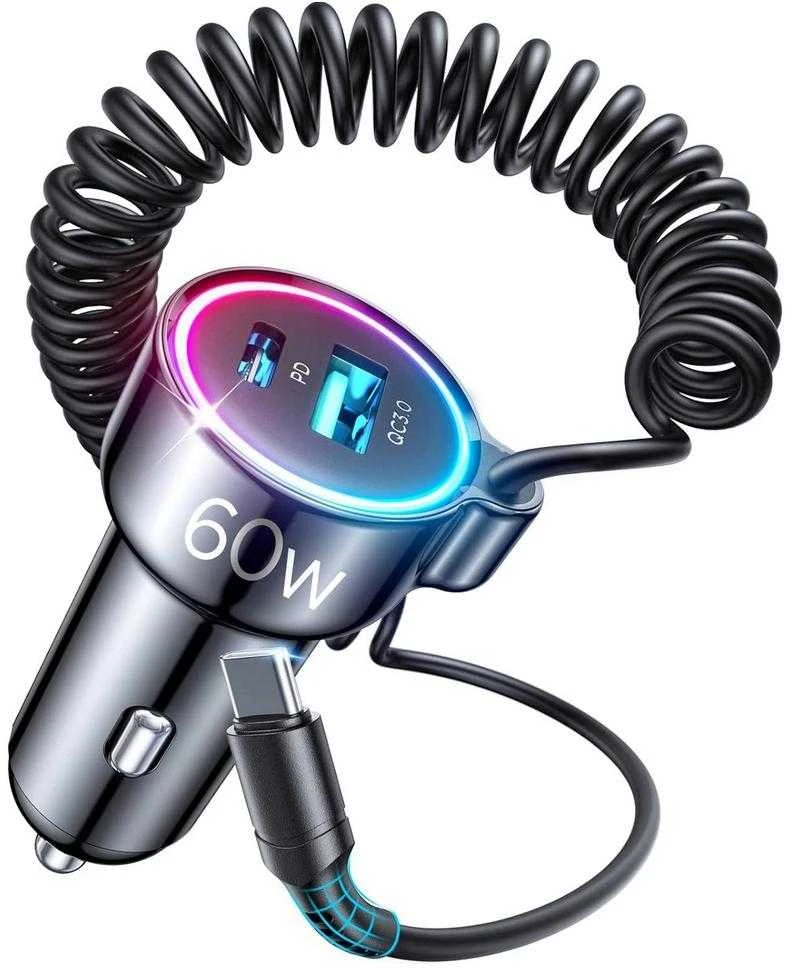 Įkroviklis automobilinis Joyroom (JR-CL07) 3IN1 (1xUSB, 1xUSB-C 1.6M 72W) su Type-C laidu juodas