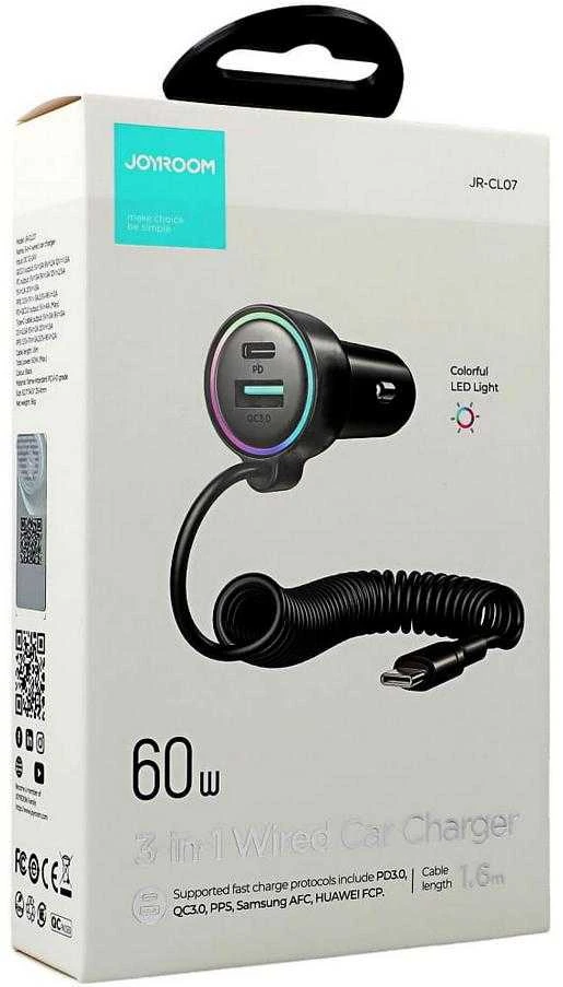 Įkroviklis automobilinis Joyroom (JR-CL07) 3IN1 (1xUSB, 1xUSB-C 1.6M 72W) su Type-C laidu juodas