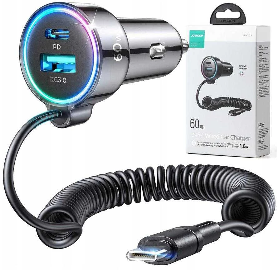 Įkroviklis automobilinis Joyroom (JR-CL07) 3IN1 (1xUSB, 1xUSB-C 1.6M 72W) su Type-C laidu juodas